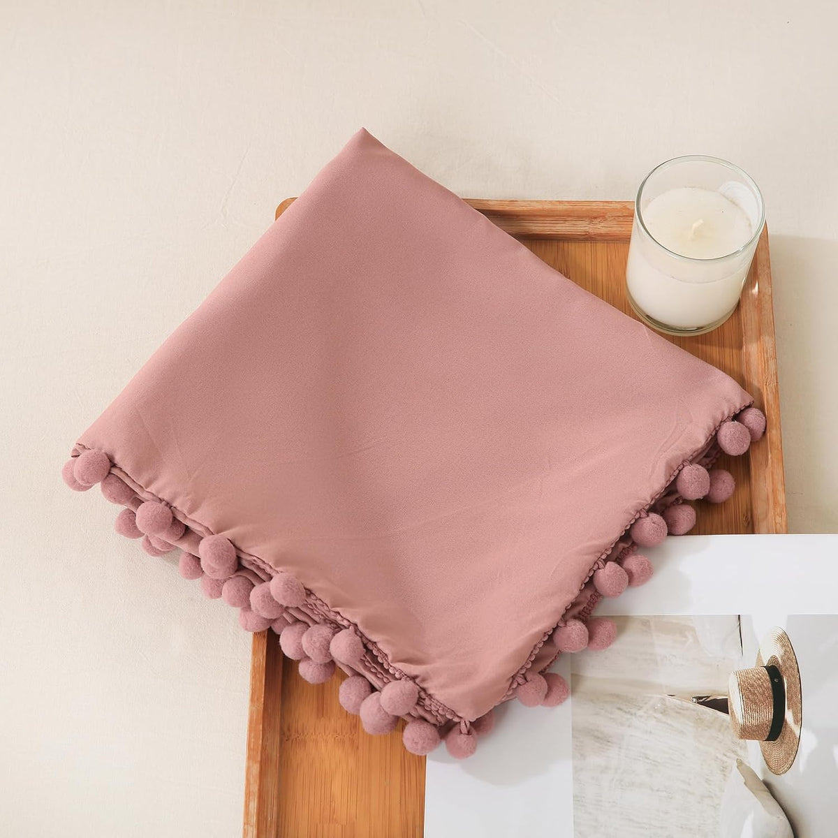 Bean Paste Pink Pom Poms Pillowcases, Standard Queen Pillow Cases Set of 2, 100% Washed Microfiber,Pink Ball Fringe Pillow Cover, 2 Pack (Queen, Bean Paste)