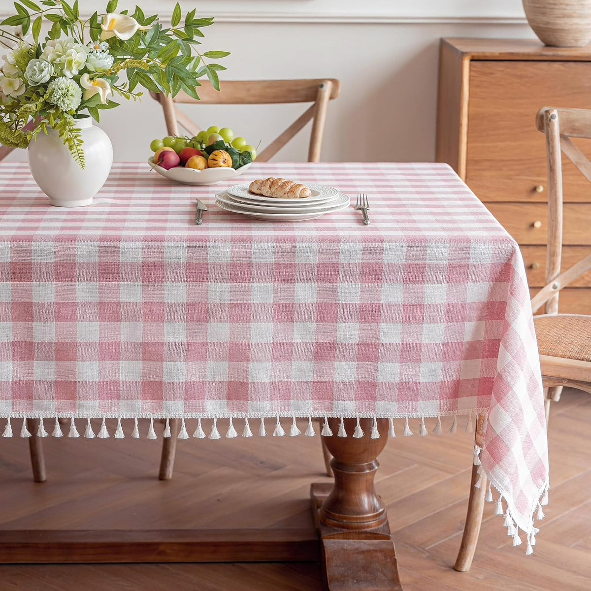 Checkered Tablecloth, Cotton Linen Gingham Table Cloth for Rectangle Table with Tassel, Washable Heavy Duty Wrinkle Free Plaid Table Cover for Dining Picnic Camping, Pink, 90 X 55 Inch