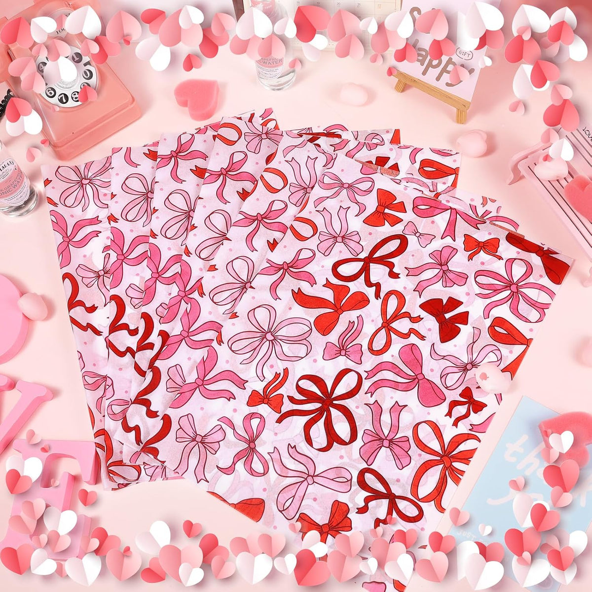 100 Sheet Mother's Day Coquette Bows Tissue Paper, Red Pink Bow Heart Gift Wrapping Paper for Valentine's Day Party Supplies, 13.8 x 19.7 Inch