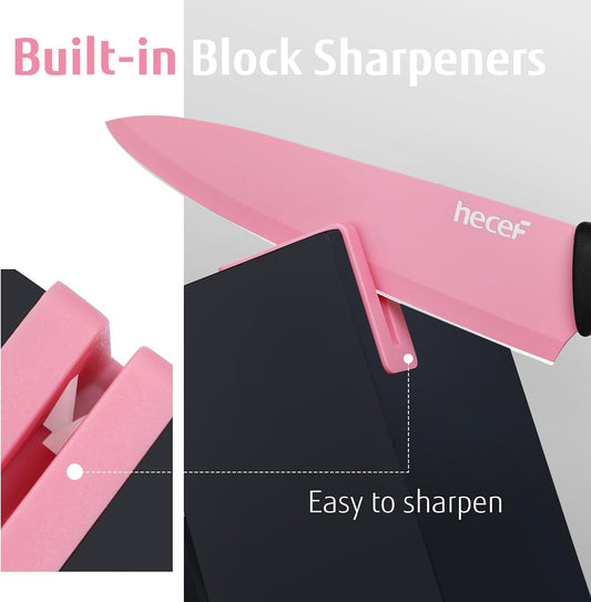 13 Pieces Kitchen Knife Set with Built-in Sharpening Wooden Block, Dishwasher Safe, High Carbon Stainless Steel Knife Block Set with Steak Knives, Kitchen Scissors, Pink