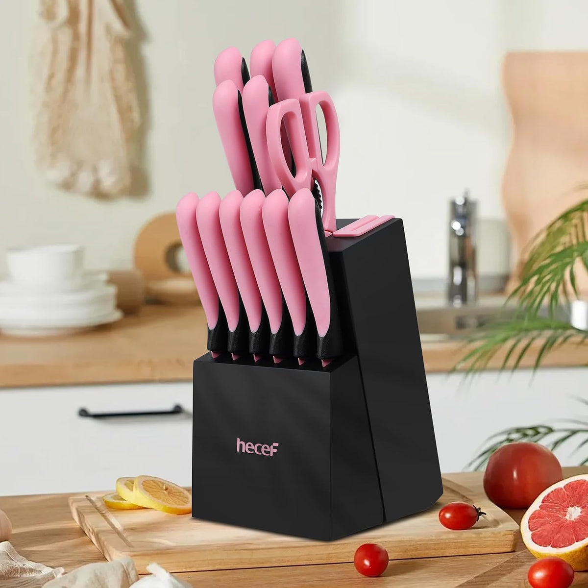 13 Pieces Kitchen Knife Set with Built-in Sharpening Wooden Block, Dishwasher Safe, High Carbon Stainless Steel Knife Block Set with Steak Knives, Kitchen Scissors, Pink