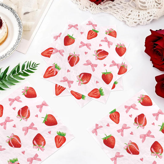 50Pcs Pink Bows Strawberry Cocktail Napkins 3 Ply 5 x 5 Inches Disposable Absorbent Sweet Berry Beverage Napkin for Girls Birthday Baby Shower Wedding Party Decorations