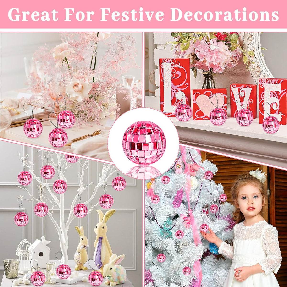 Pink Disco Ball 24 Pcs Hanging Mirror Disco Balls Pink Mini Disco Balls Ornaments Reflective Mirror Ball Cake Decoration with Rope Christmas Tree Wedding Dance Music Festivals Decor