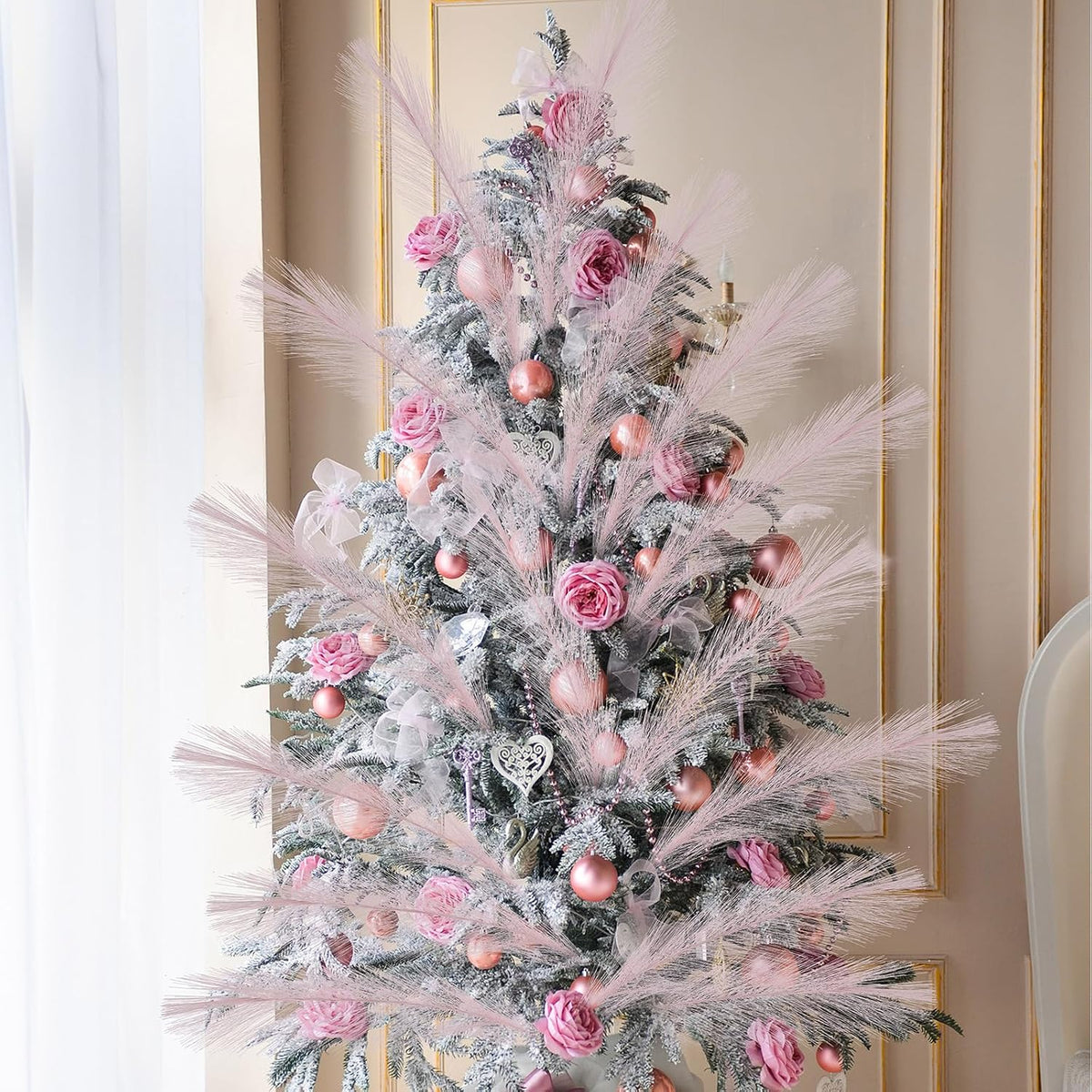 Cinnvoice 50 Pcs Christmas Pampas Grass Faux Boho Tree Topper Decor, Pink