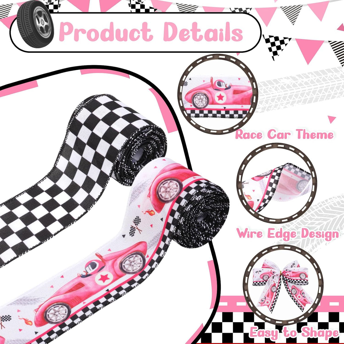 2 Rolls Pink Race Car Print Wired Ribbons 10 Yards