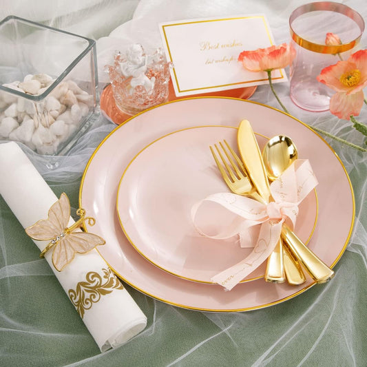 210Pcs Plastic Pink Plates with Gold Plastic Silverware Set Include 30Pink Dinner & 30 Dessert Plates, 90Gold Cutlery, 30Gold Cups, 30Napkins, Pink Dinnerware for Valentines&Mother's Day
