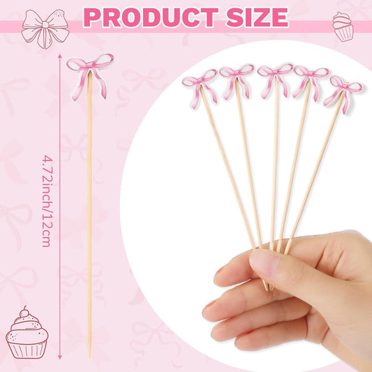 200 Pcs Pink Bow Cocktail Picks Swizzle Stick Toothpicks 4.72 Inch Long Bamboo Cute Toothpicks for Appetizers Cupcake Drinks Coquette Birthday Bridal Wedding Baby Shower Bow Party Decoration