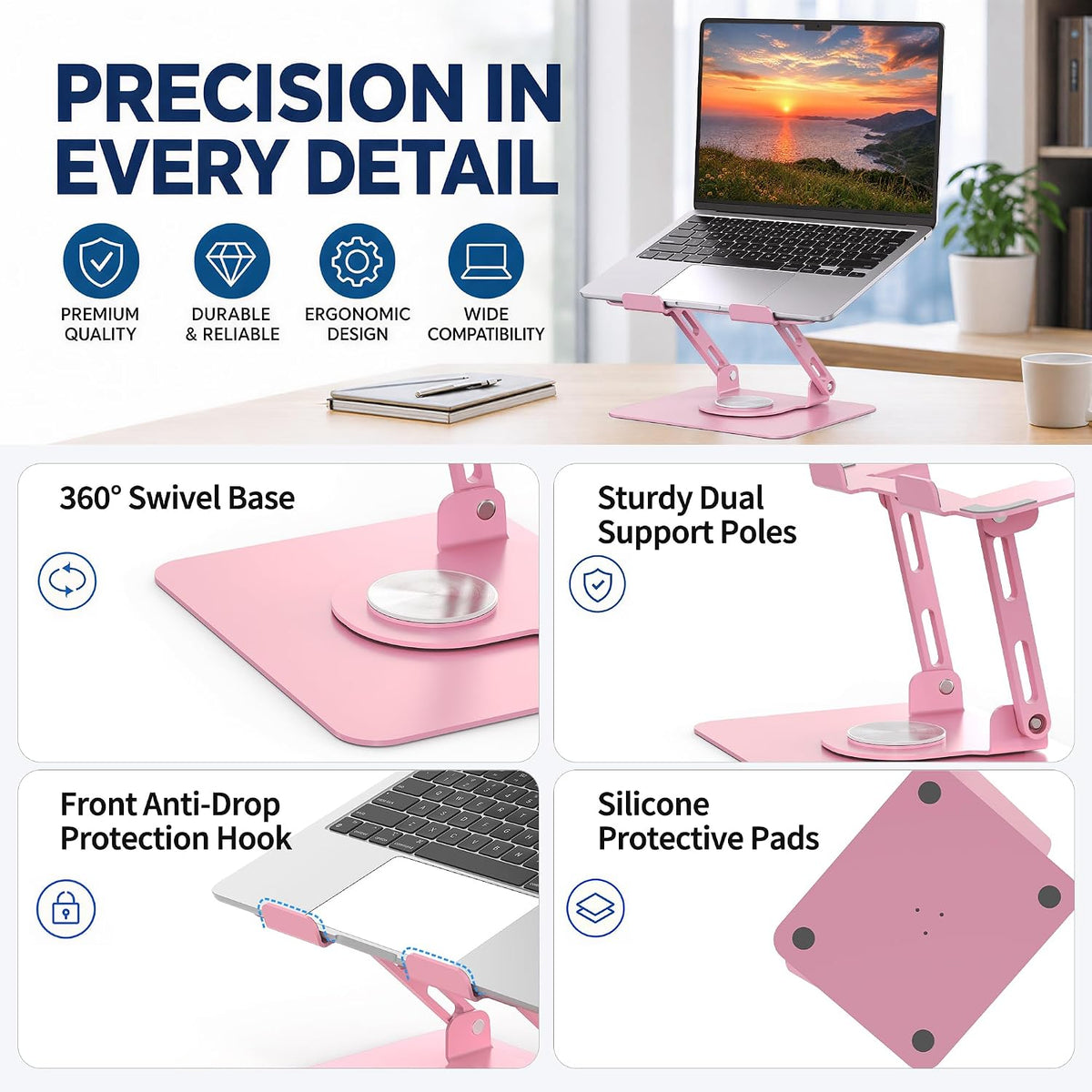 360 Rotating Laptop Stand, Adjustable Riser,10-17", Pink