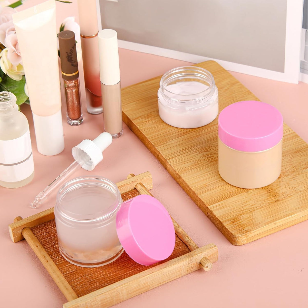 6 Pack 1 Oz Plastic Jars Containers with Lids Wide Mouth Pink