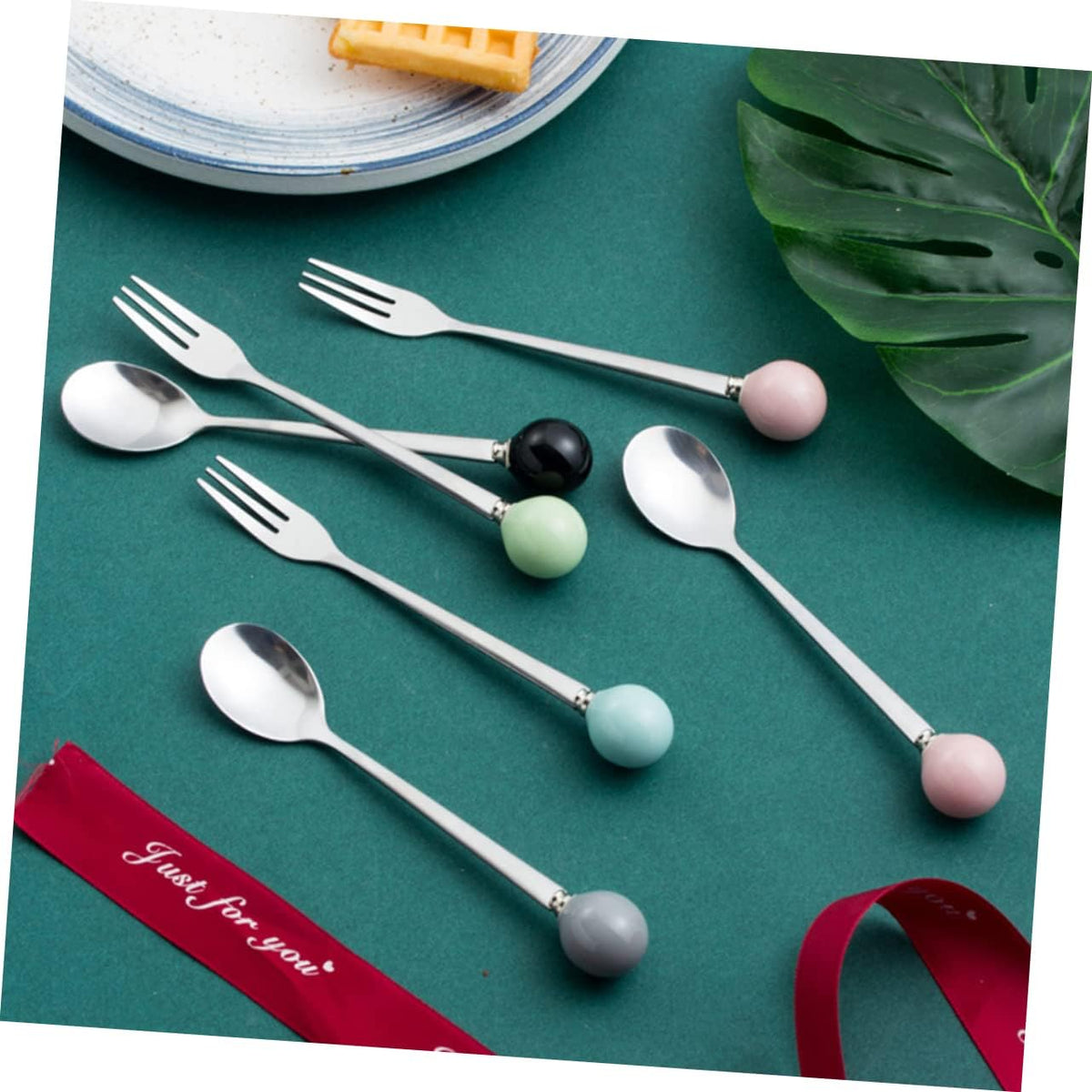 6pcs Dessert Spoons Ceramic Handles Mini Stainless Steel for Pink Kitchen Utensils