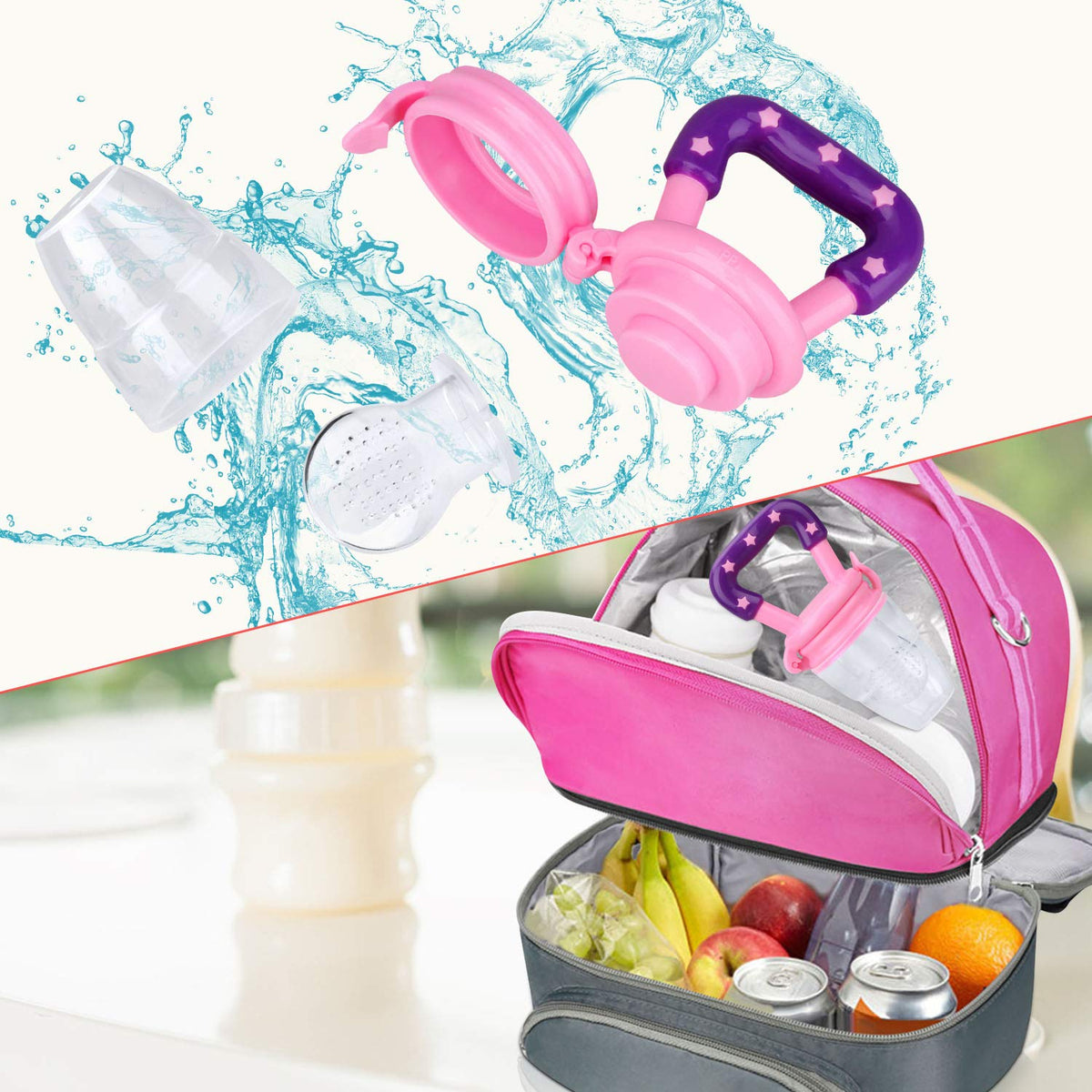 Baby Food Feeder 3 Pack Silicone Fruit Pacifier Teething Reusable Pouches Pacifier Pink (S,M,L)