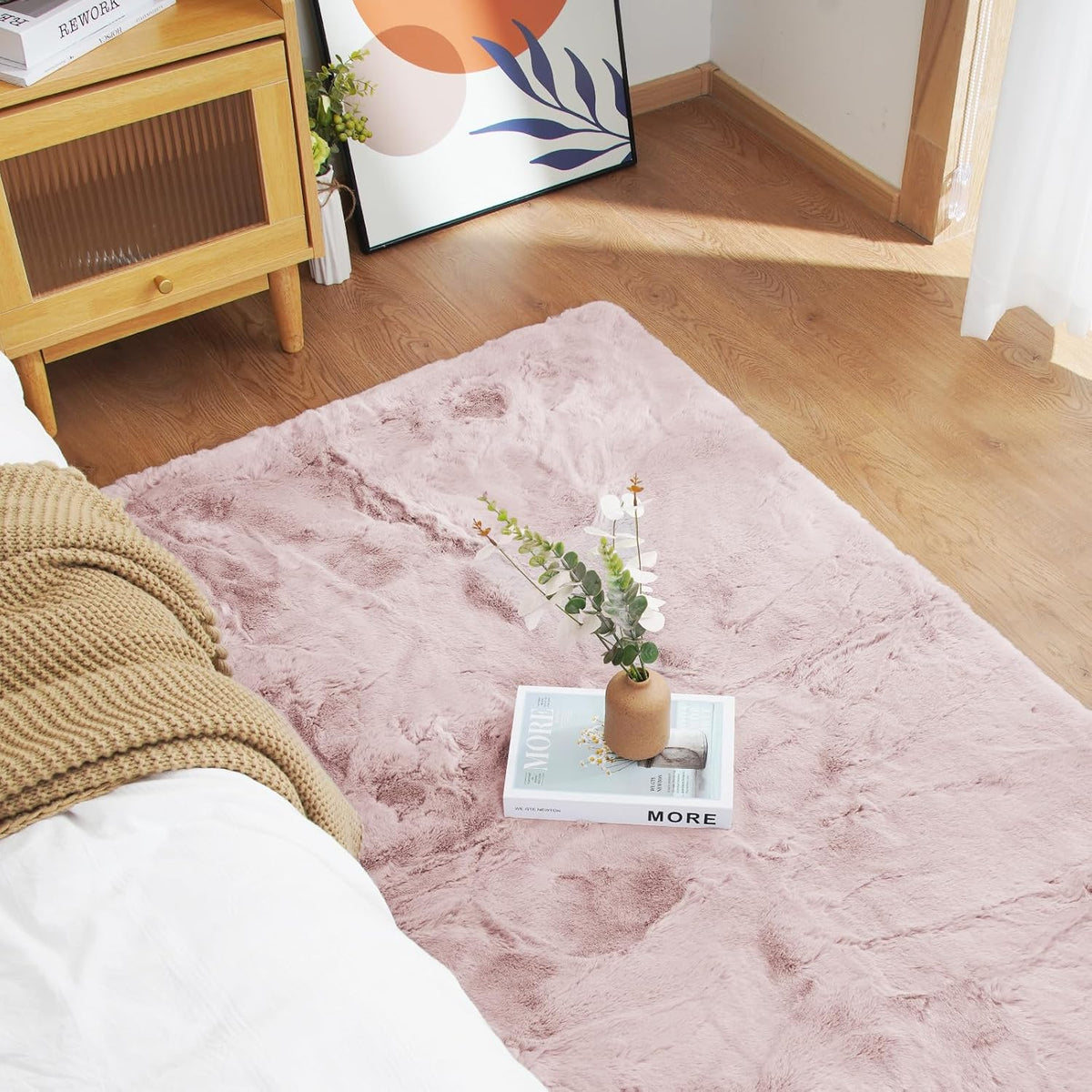Light Pink Circle Rug 3ft Fuzzy Round Throw Rug Non-Slip Faux Rabbit Fur Carpet for Bedroom, Living Room, Nursery, Playing Room and Dorm