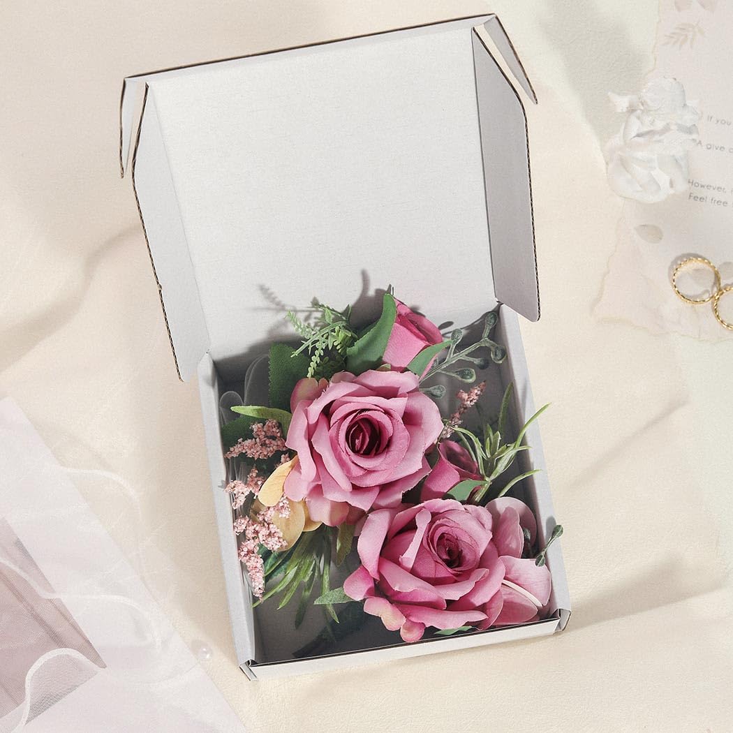 Corsage and Boutonniere Set, Deep Pink Wrist Corsages for Women, Set of 2 (1 Wrist Corsage and 1 Boutonniere), Artificial Flowers