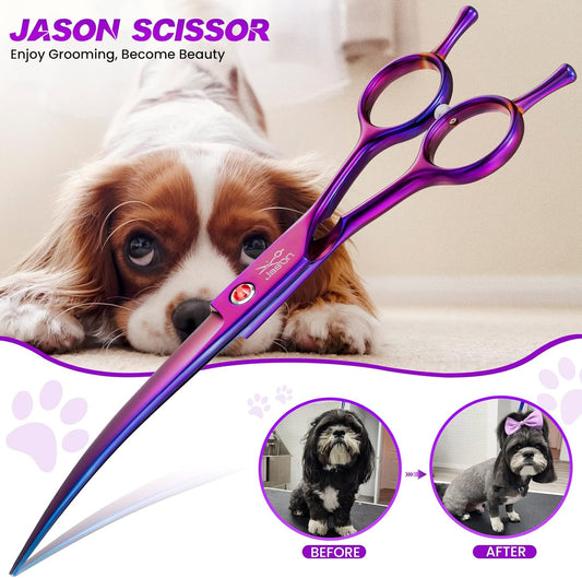 JASON 7" Dog Grooming Scissor - Professional Down-curved Shear with Ergonomic Handle Japanese Stainless Steel Trimming Scissor for Dogs, Cats and Other Pets, Sharp (Curved, Purple) Christmas Gift
