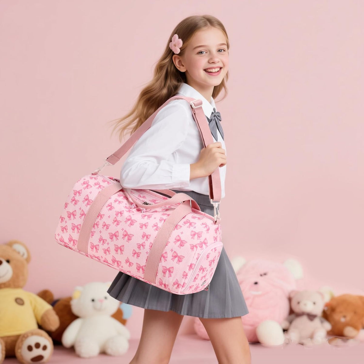 Duffle Bag for Gym Sports Women Girls Workout Travel Bag Weekender with Shoe Compartment and Wet Pocket (Pink Bow-Star)