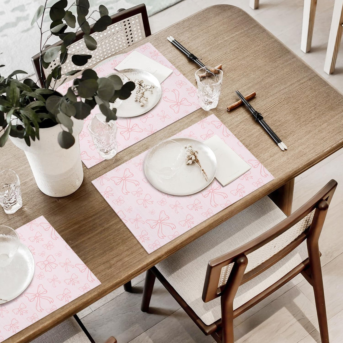 Pink Bow Cotton Linen Placemats Set of 4, 12x18 Table Mat for Family Dinners Wedding Parties Restaurant Kitchen Decoration, Waterproof Washable Heat Resistant Place Mats -a10
