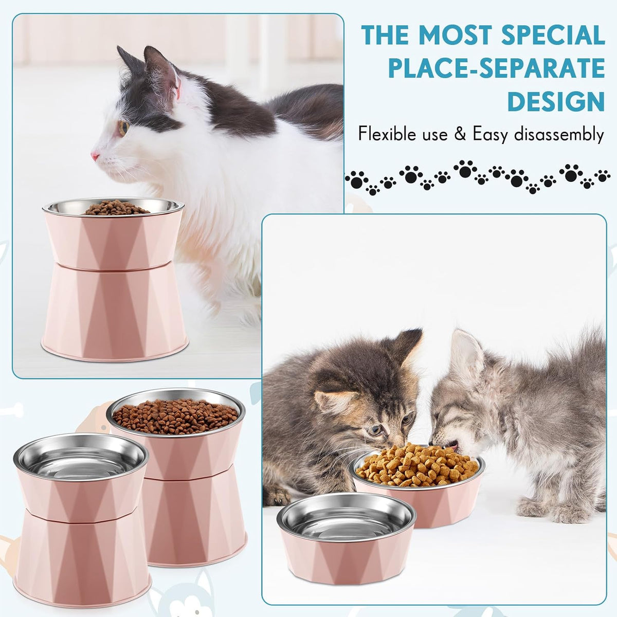2 Pcs Elevated Cat Bowls, Adjustable Raised Feeder, Pink