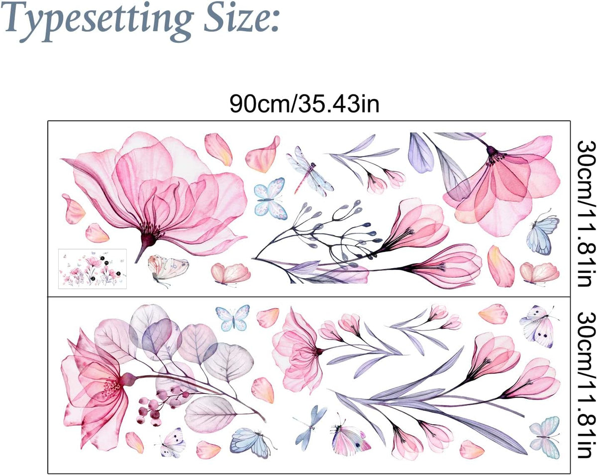 Pink Flowers Wall Decals Removable Butterflies Floral Flowerl Wall Stickers DIY Vinyl Self Adhesive Wall Mural for Nursery TV Background Kids Gilrs Rooms Bedroom Decoration