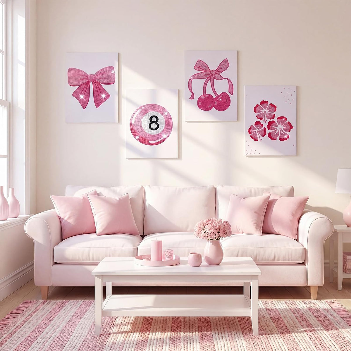4 Sets Preppy Diamond Art Kits, Girls Night Game, Lucky Cherry Canvas Diamond Art Kit Coquette Preppy Wall Decor Trendy Coquette Pink Bow DIY Gem Painting Bachelorette Party Games