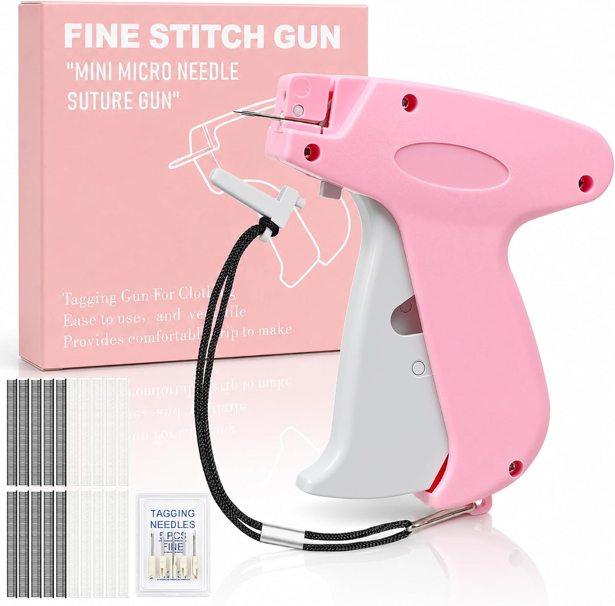 2026 New Stitch Gun for Clothes, Handheld Quick Clothing Fixer Sewing Kit with 1000 Black & 1000 White Fasteners, 6 Replacement Needles, Pink