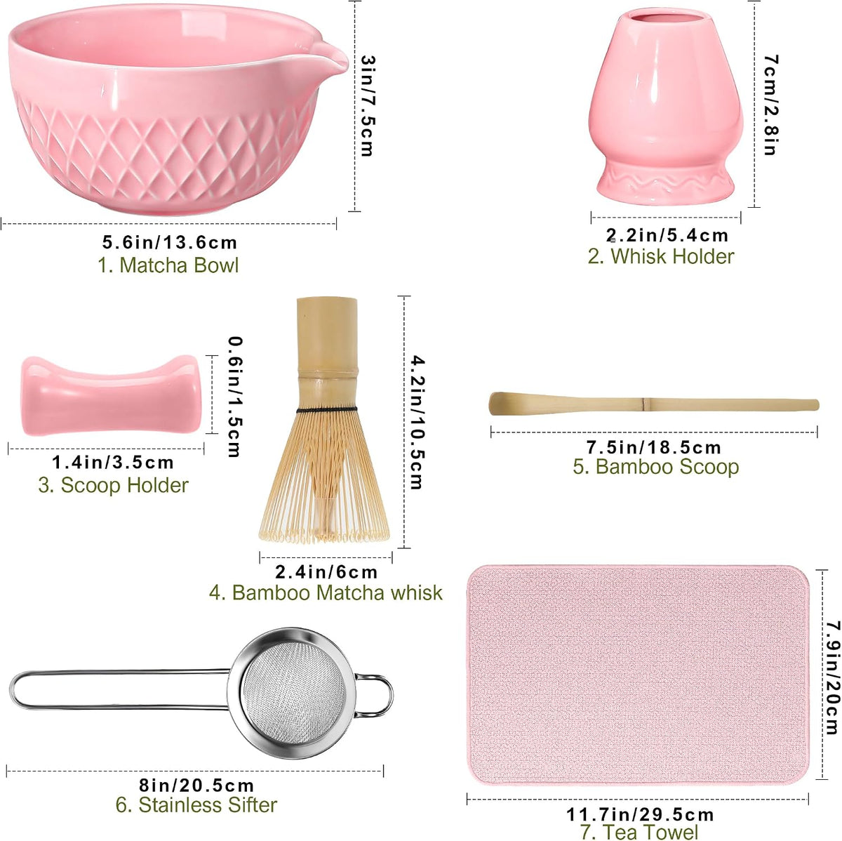 Matcha Whisk Set, 7 Pcs Ceramic Kit, Includes Matcha Bowl with Spout, Matcha Whisk and Holder, Bamboo Scoop, Scoop Rest, Sifter and Tea Towel (Cherry Blossom Pink)