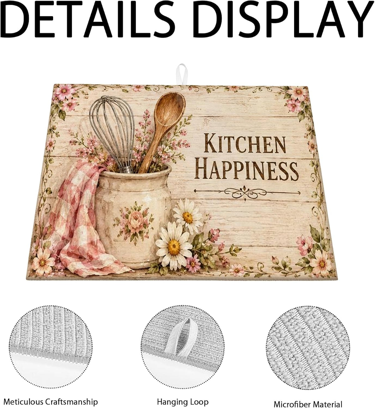 Floral Dish Drying Mats for Kitchen Counter, Peach Absorbent Dish Drainer Mat, Rustic Microfiber Drying Pad for Coffee Bar Protector 16x18 Inch