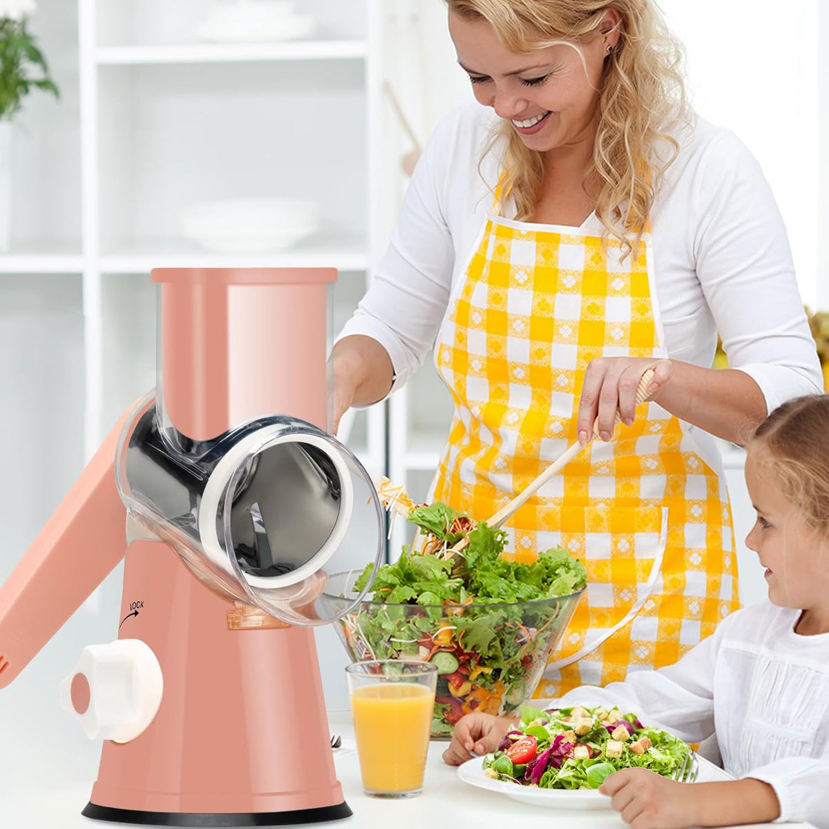 Rotary Cheese Grater Hand Crank, Kitchen Shredder Speed Mandolin Slicer Nuts Grinder with Handle and Drum Blades for Cheese, Vegetable, Walnuts, Chocolate, Potato, Carrot, 3 Blades, Pink