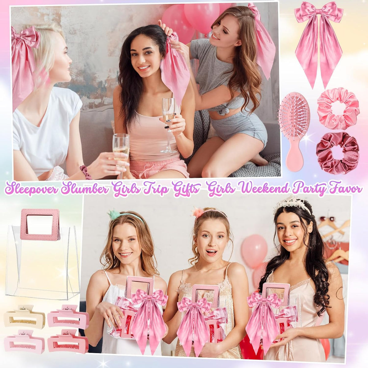60 Pcs Pink Spa Party Favors for Girls, Sleepover Party Supplies for 12 Guests, Teen Girl Birthday Gifts with Hair Brushes, Scrunchies, Claw Clips, Bow Hair Clips and Clear Gift Bags