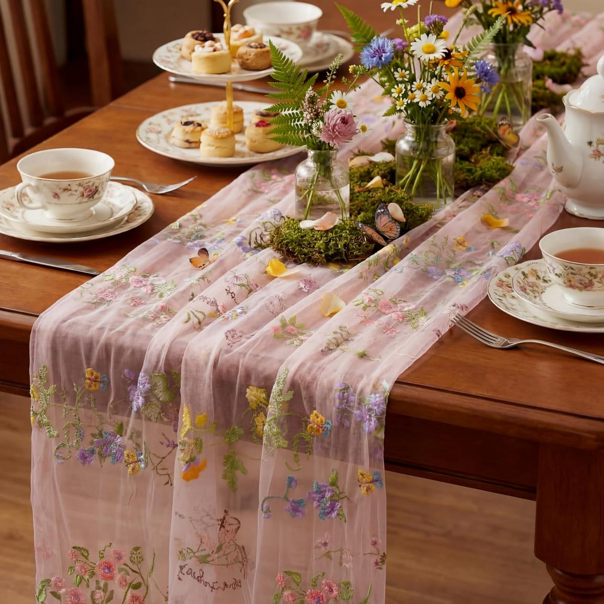 Pink Floral Table Runner 10ft Embroidery Tulle Spring Wildflower Table Runner Seasonal Summer Butterfly Kitchen Dining Gauze Decoration for Wedding Baby Shower Birthday Party (1 Pcs)