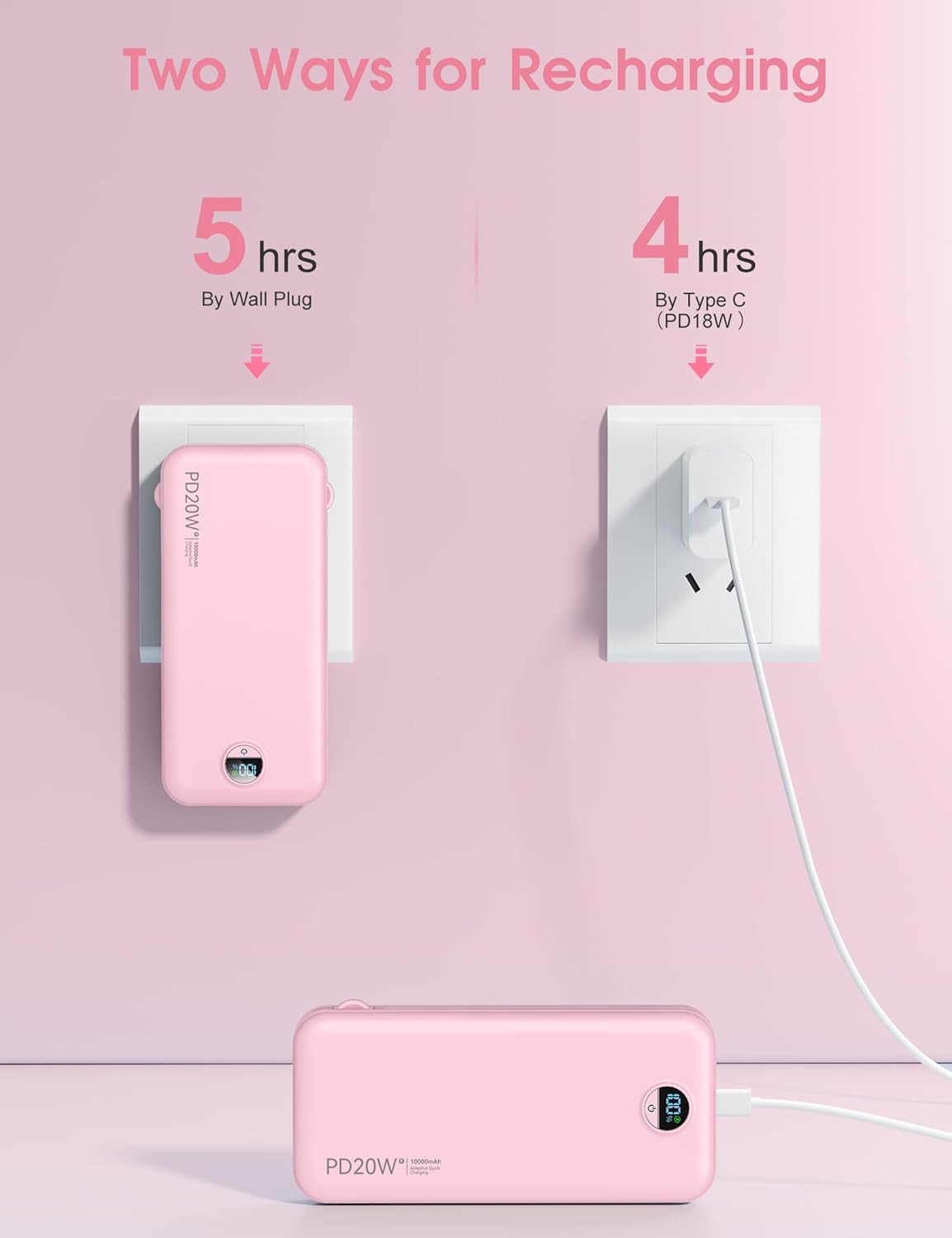 Portable Charger 10000mAh PD20W w/Built-in Cables & Wall Plug Pink