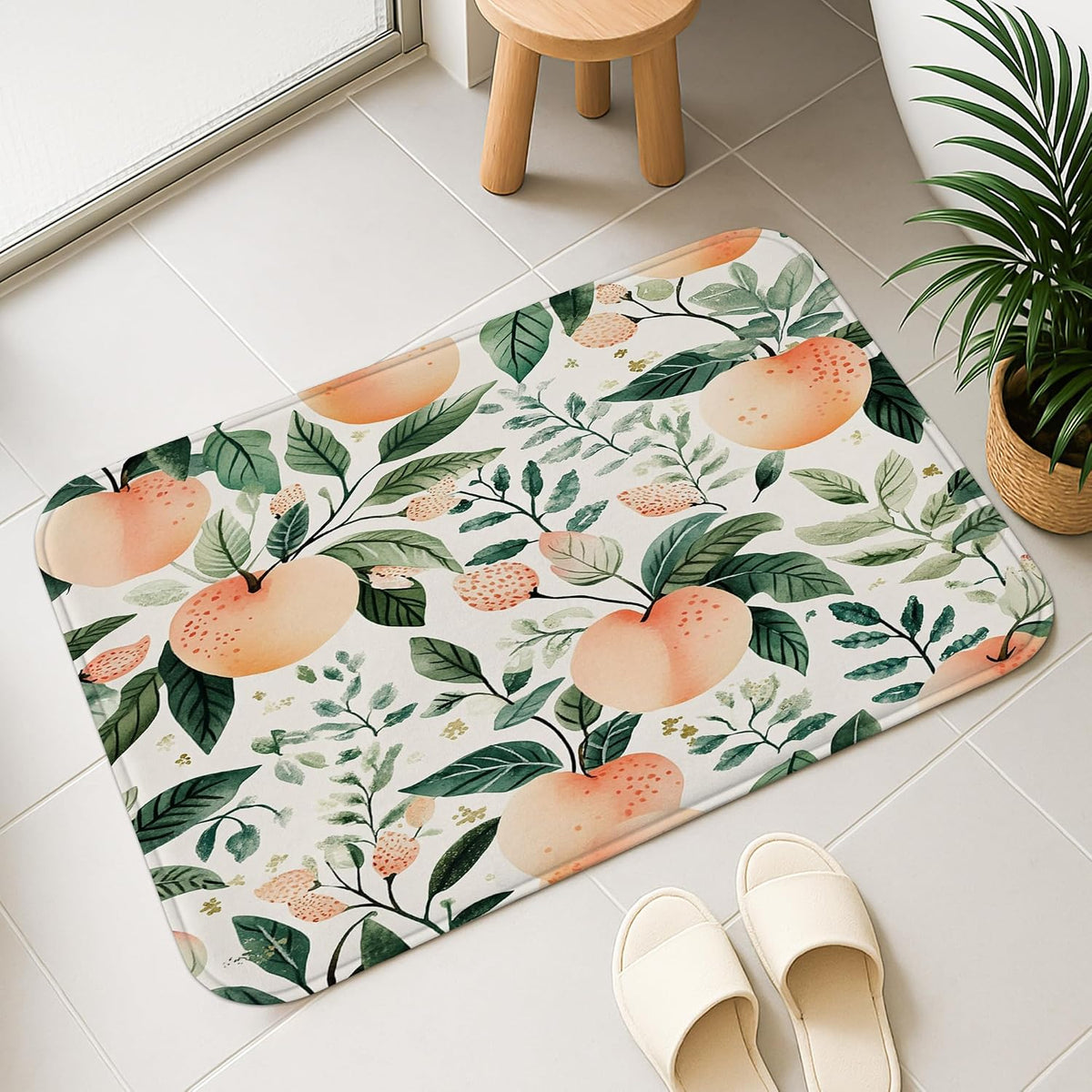 Peach Floral Quick Dry Bath Mat, Nature Inspired Leafy Design Absorbent Non Slip Shower Mat, Summer Memory Foam Washable Bath Rugs for Bathroom Toilet Restroom Decorative 20x32 Inch