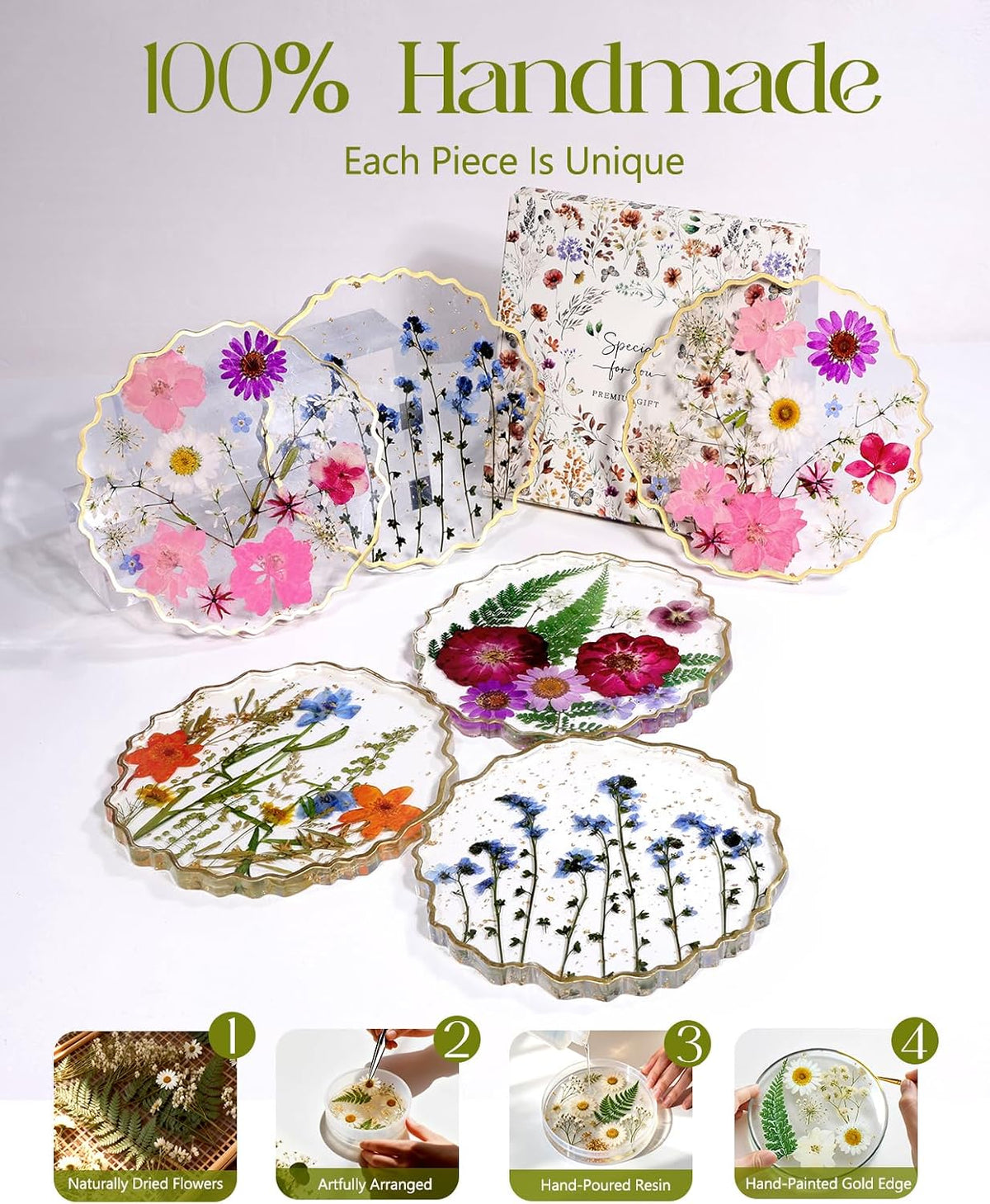 Resin Drink Coaster for Desk Coffee Table-Pink White Cute Dried Flowers Cup Coaster for Work Office Home Outdoor Decor Gifts for Girls Women,1 Pcs Wave