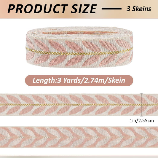 3 Rolls Pink Jacquard Ribbon Leaf Curtain Trim for Sewing Making
