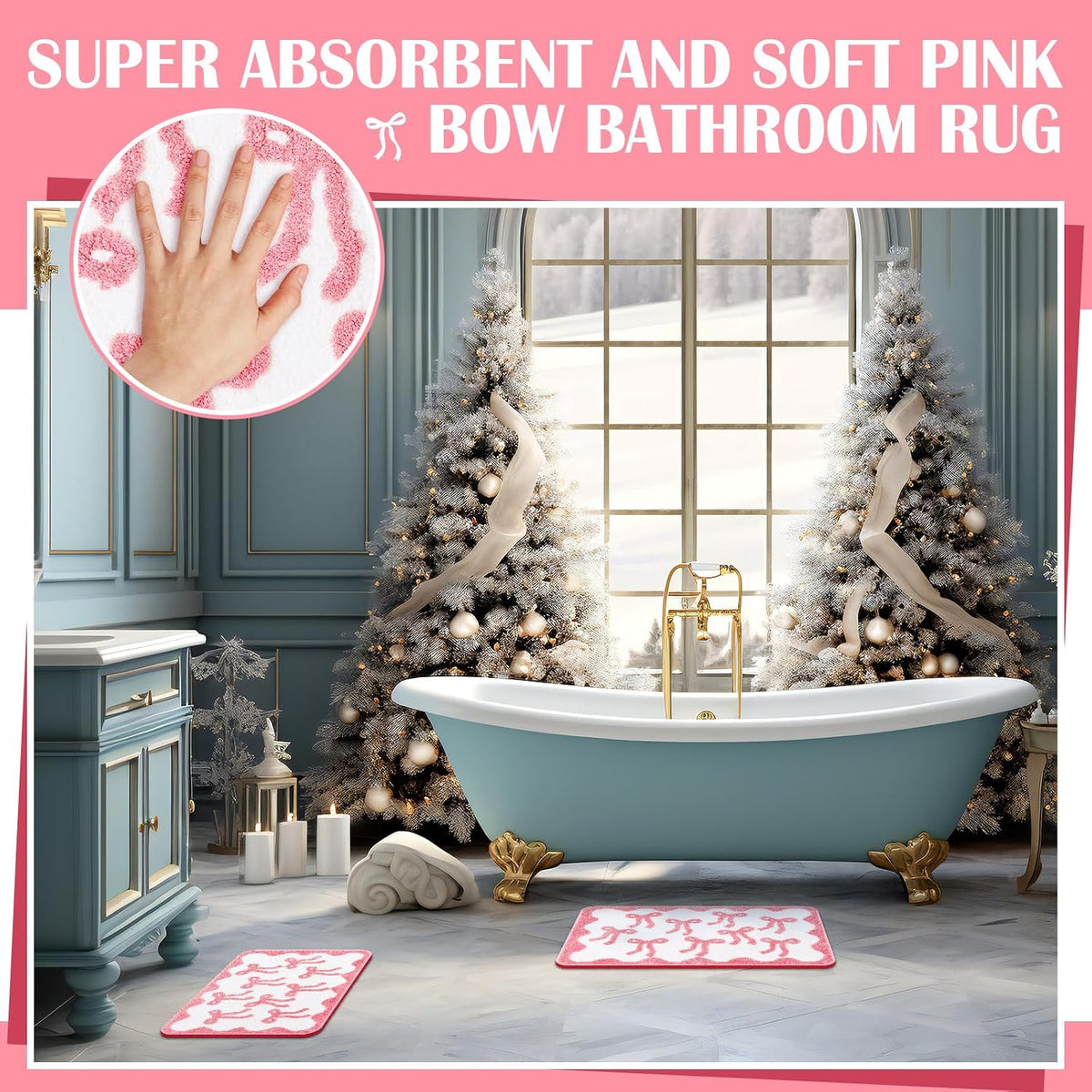 3 Pcs Pink Bow Bathroom Rugs Coquette Cute Bath Mat Bathroom Decor