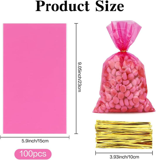 Pink Cellophane Treat Bags, 100 PCS Clear Pink Candy Bags, 6x9 Inch Plastic Clear Cookie Goodie Bag Gift Snack Treat Bag with Twist Ties for Valentines Weddings Birthday Party Favor Supplies