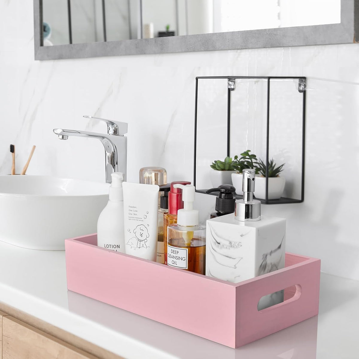 Pink Bathroom Basket for Organizing - Wooden Toilet Tank Paper Basket with Handle for Back of Toilet Tank Top Organizer - Pink Kitchen Bathroom Decor Accessories