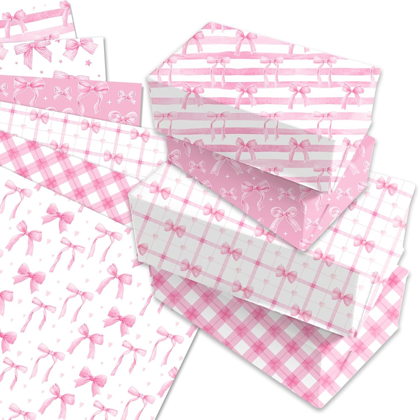 Pink Bow Wrapping Paper 12 Sheets 20'' x 27'' Folded Flat Gift Wrap with Cute Bow, Pink Plaid, Stripes and Polka Dot Gift Wrap Paper for Girls Women Birthday Gift Packing Supplies