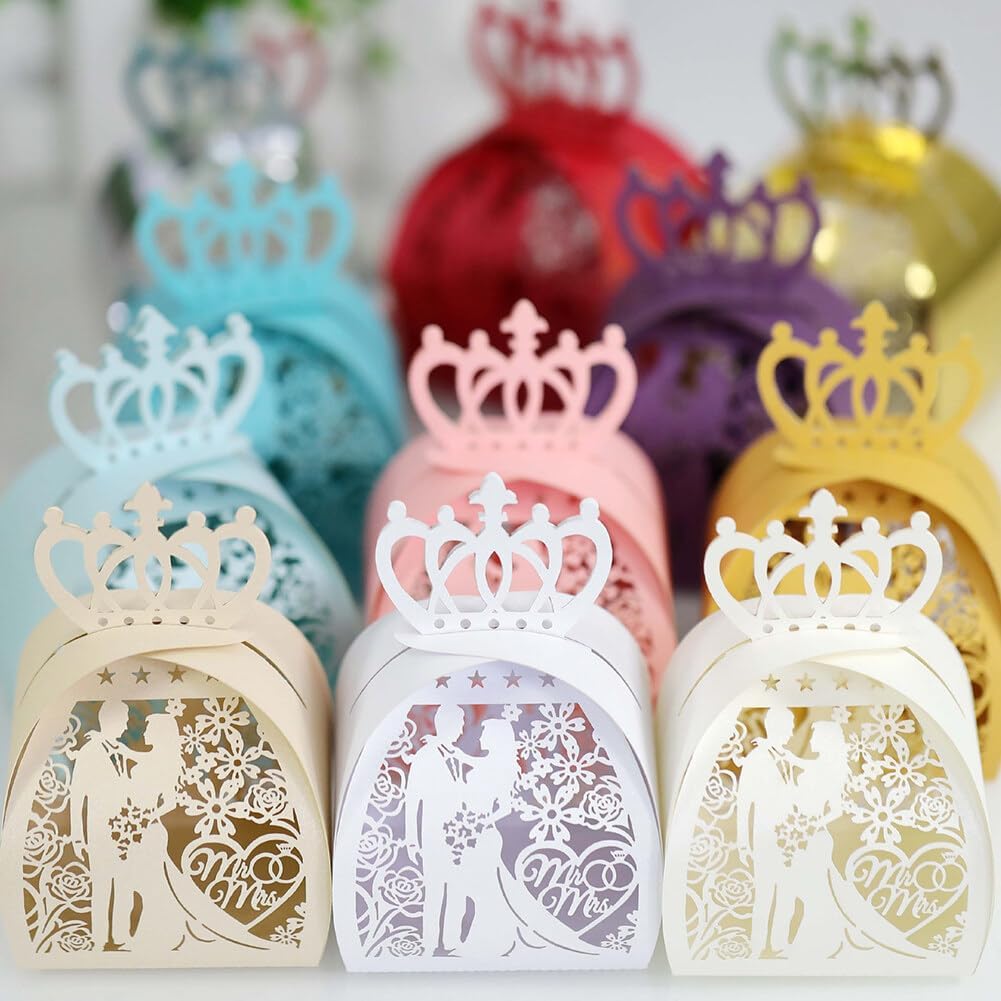 50 Pcs Wedding Favor Boxes Paper Gift Boxes Hollow Flowers Bride Groom Wedding Party Favor Candy Boxes Small Empty Gift Boxes Baptism Party Favor Boxes for Bridal Shower Anniverary Wedding Party