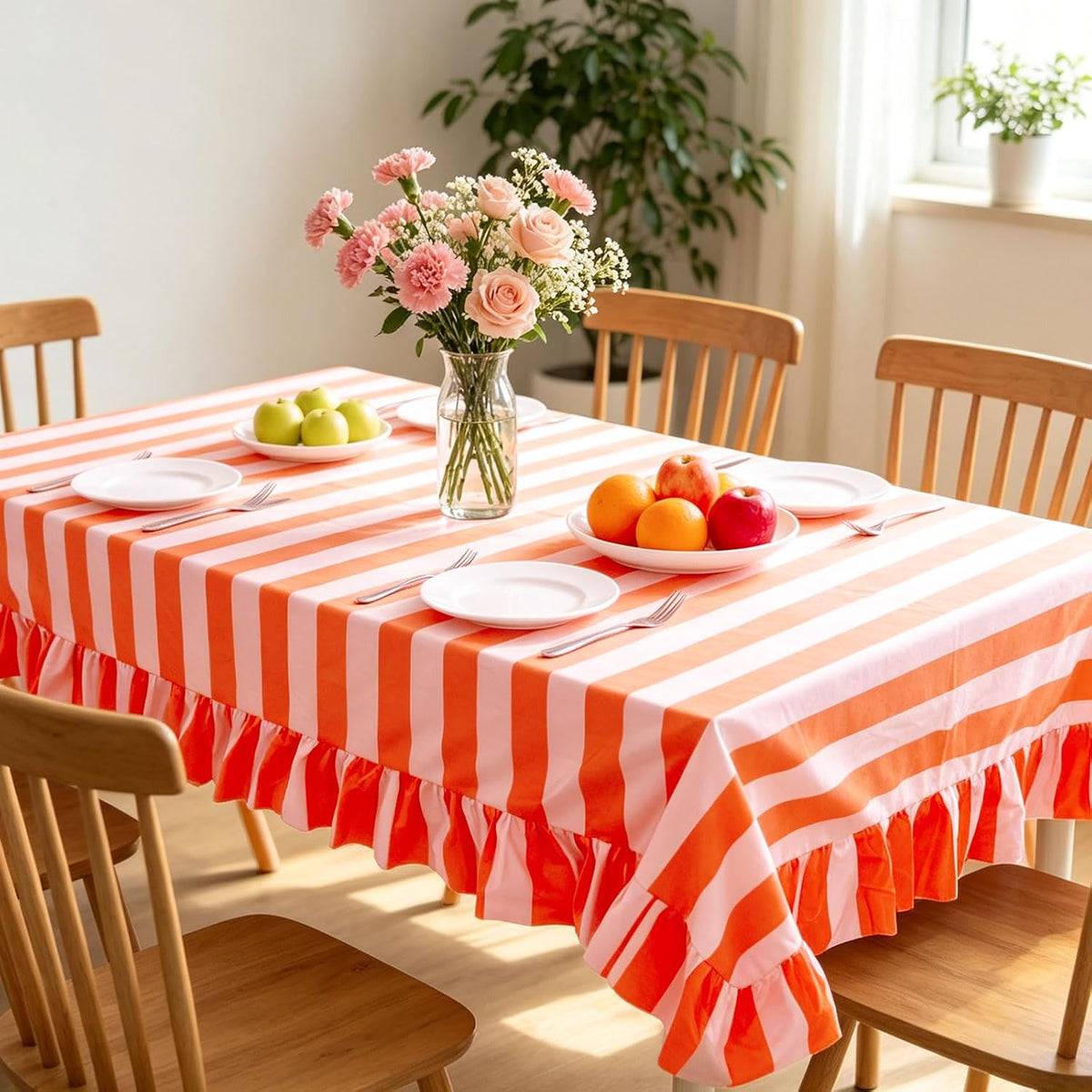 Striped Tablecloth Ruffle Table Cloth, Orange Pink