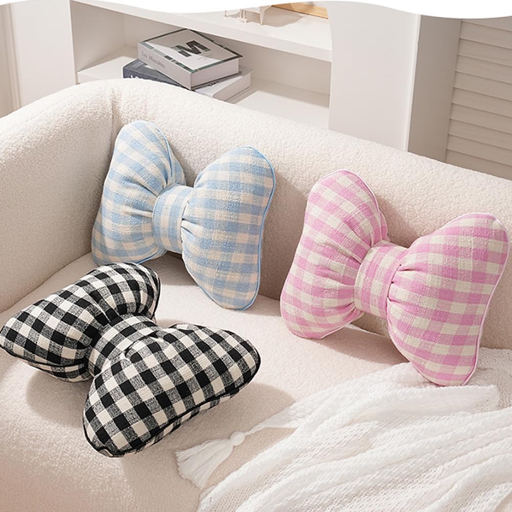 2PCS Cute Bow Shaped Pillow Checkered Knot Throw Pillows Aesthetic Chair Plush Cushion Stuffed Bow Lumbar Pillow for Bed Couch Living Room Dorm Decor