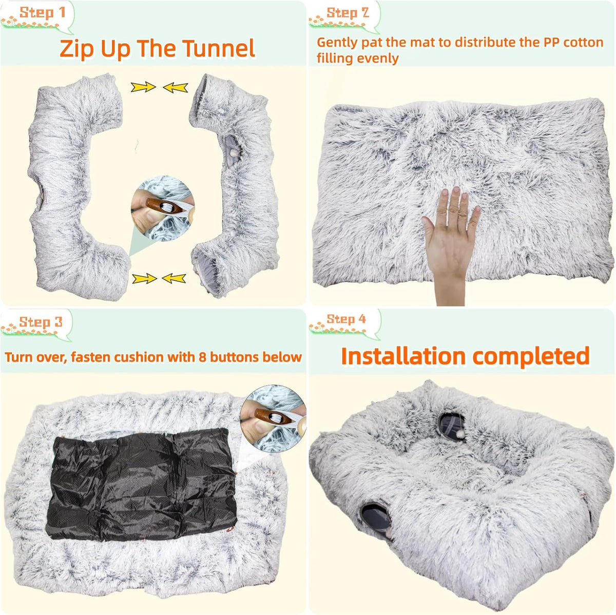 4-Cave Plush XL Cat Tunnel Bed Indoor Cats Peekaboo Toy Mat Pink