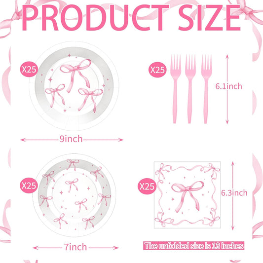 100 Pcs Pink Ribbon Bow Party Supplies Set, Serves 25 – Disposable Paper Plates, Napkins, and Plastic Forks, Coquette-Inspired Bow-Themed Tableware for Birthday, Bridal Shower, Wedding Decorations
