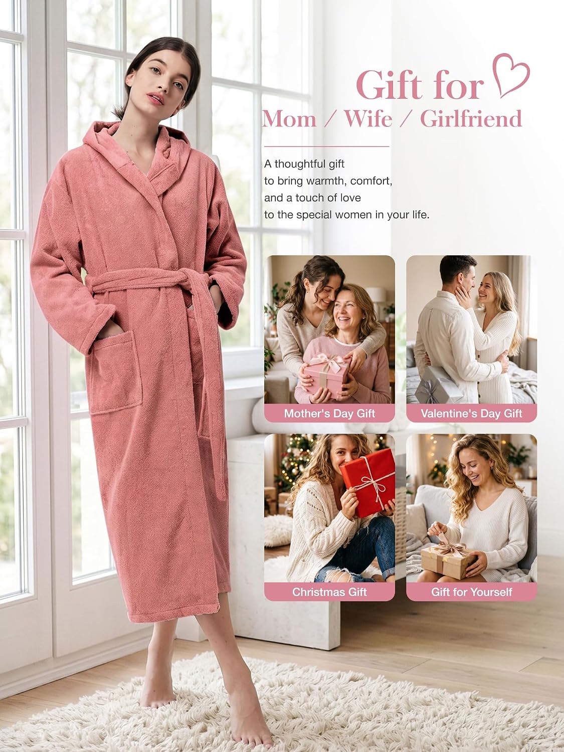Terry Cloth Robes for Women, Hooded Cotton Long Bathrobe with Pockets