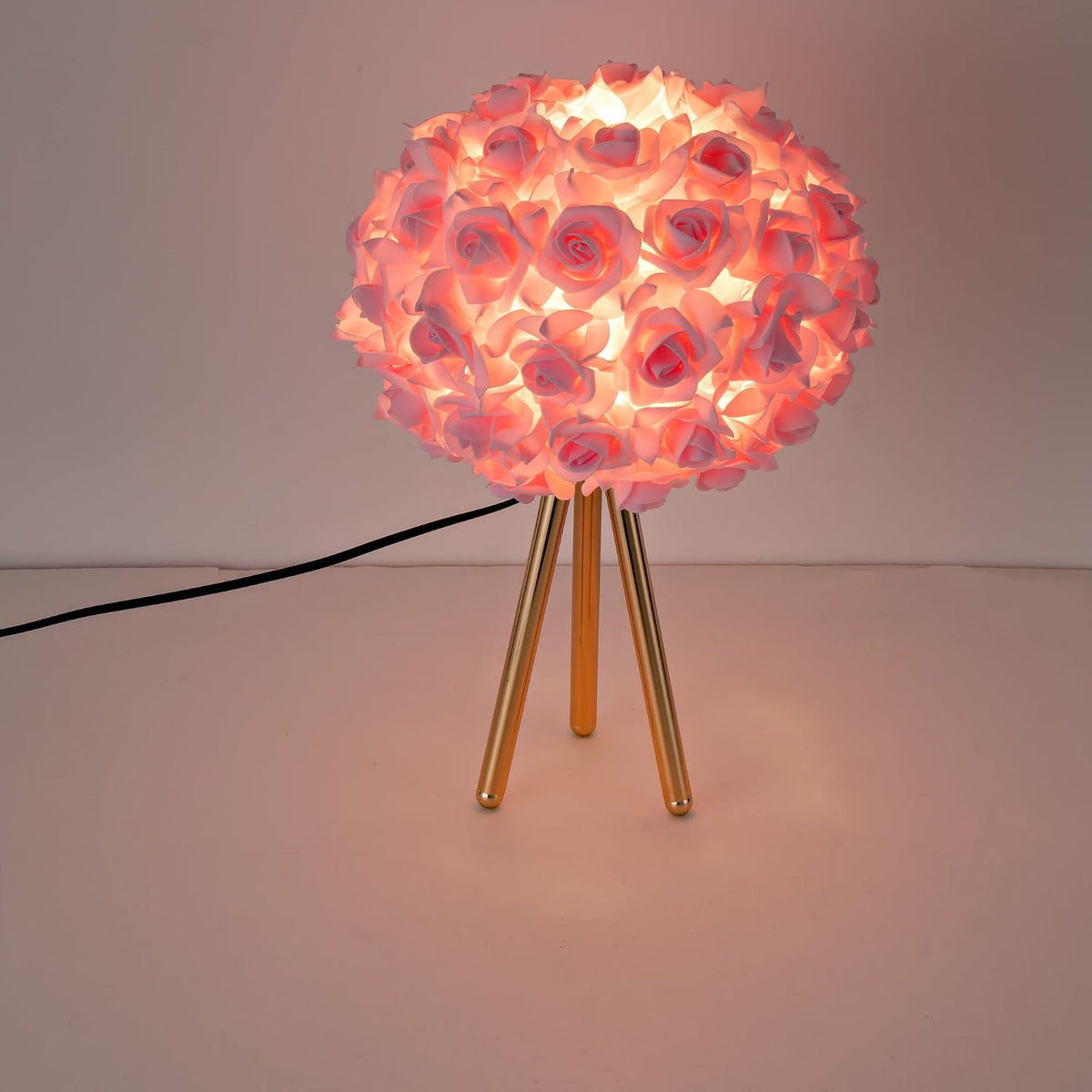 Pink Rose Flower Lamp Cute Table Lamp Modern Bedside Lamp Romantic Nighstand Light for Girl Princess Gold Tripod for Bedroom Living Room Entry Office Wedding Decoration Gift