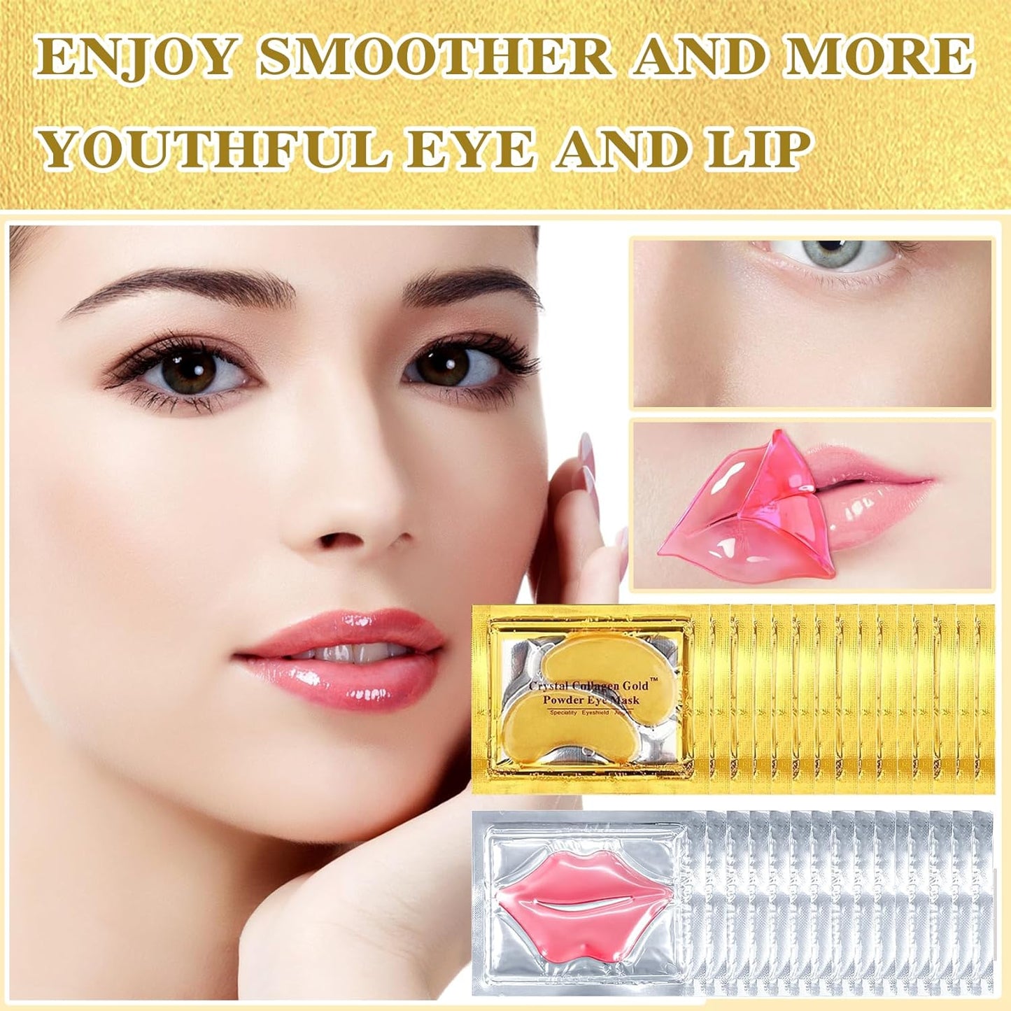 30PCS Lip Mask & Under Eye Mask, 24K Under Eye Patches for Puffy Eyes, Pink Lip Masks Skincare, Effectively Moisturizing the Skin, Reducing Fine Lines & Dark Circle