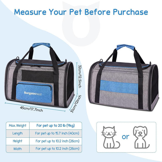 BurgeonNest Pet Carrier for Large Cats, Soft-Sided Cat Carrier for Big Cats and Small Dogs Up to 20 lbs, Top Loading Collapsible Escape-Proof Travel Cat Bag with 4 Mesh Windows & Side Storage, Grey
