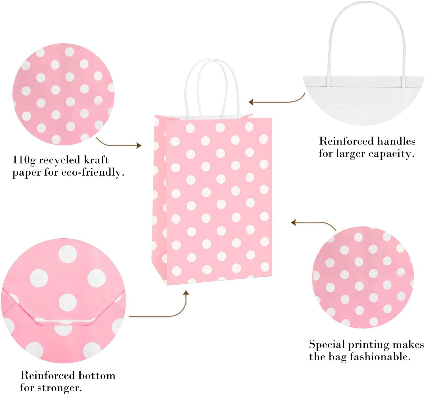Small Gift Bags 25Pcs 5.25x3x8 Inches Kraft Paper Bags with Handles, Pink Dot Paper Gift Sacks for Retail, Merchandise, Party Favor, Small Business