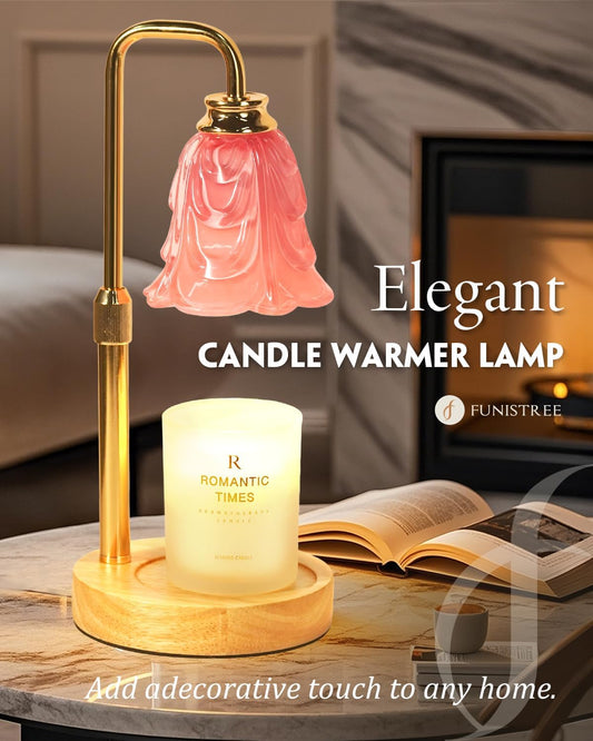 Small Candle Warmer Lamp with Timer, Adjustable Pink Flower Candle Heat Lamp, Christmas Birthday Gifts for Women Mom Her, Dimmable Candles Heater, Fashion Wax Warming Light with Wood Base