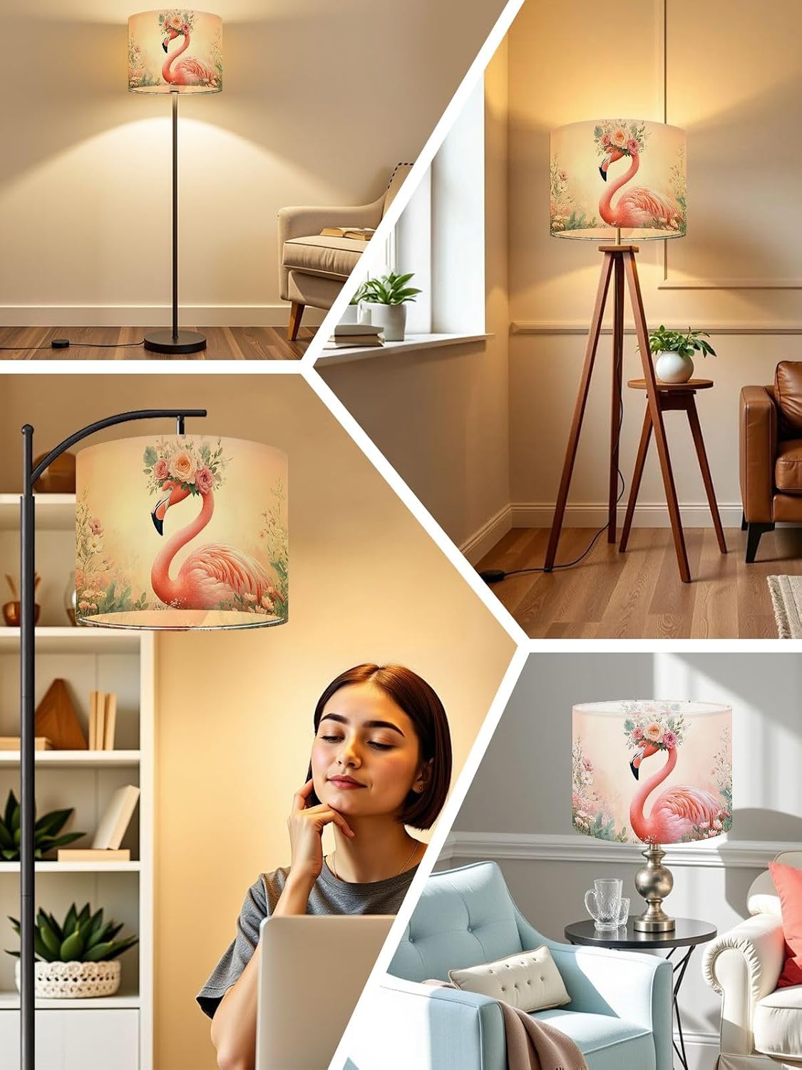Flamingos Linen Drum Lamp Shades Easy Assembly, 13" x13" x10" Tropical Animal Pink Modern Roses Floral Crown Pastel Colors Feathers Lampshade for Table Lamps Floor Lamps Replacement Lamp Shade