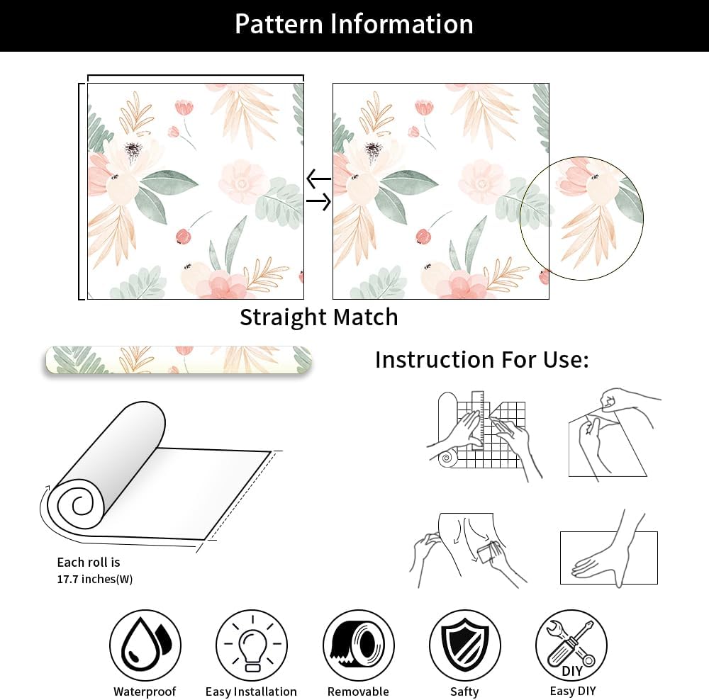 Neutral Green Leaves Pink Poppy Floral Peel and Stick Wallpaper Self Adhesive Removable Easy Peel Off Stick on Wall Paper for Bedroom Cabinet Renter